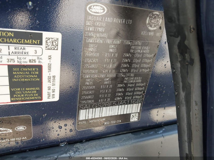 2018 Land rover RANGE ROVER VIN SALGS2RE5JA511646 IAAI salvage auction — REAR END, Salvage Title, sold $13,200 on 2026-07-14 (photo 9)