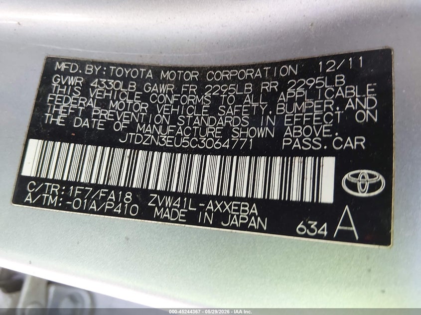 2012 Toyota Prius v VIN JTDZN3EU5C3064771 IAAI salvage auction — NORMAL WEAR, Salvage Title, sold $1,900 on 2026-07-20 (photo 9)