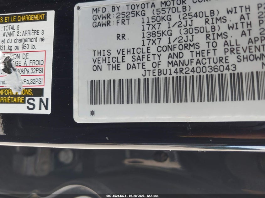 2004 Toyota 4runner VIN JTEBU14R240036043 IAAI salvage auction — NORMAL WEAR, Clear (Virginia), sold $2,150 on 2026-07-14 (photo 9)