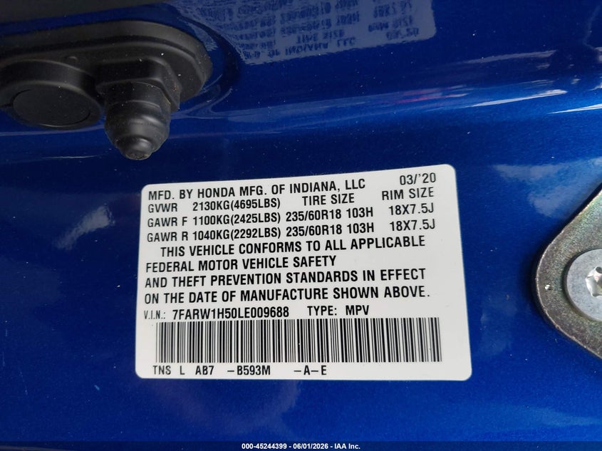 2020 Honda Cr-v VIN 7FARW1H50LE009688 IAAI salvage auction — ALL OVER, Salvage Title, sold $775 on 2026-07-22 (photo 9)