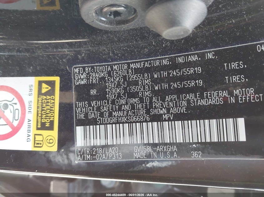 2019 Toyota VIN 5TDDGRFHXKS066876 IAAI salvage auction — LEFT SIDE, Salvage Title, sold $9,400 on 2026-07-14 (photo 9)