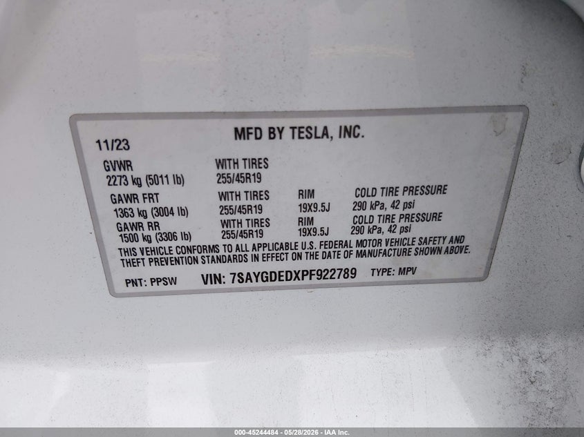 2023 Tesla Model y VIN 7SAYGDEDXPF922789 IAAI salvage auction — LEFT FRONT, Salvage Title, sold $10,100 on 2026-07-23 (photo 9)