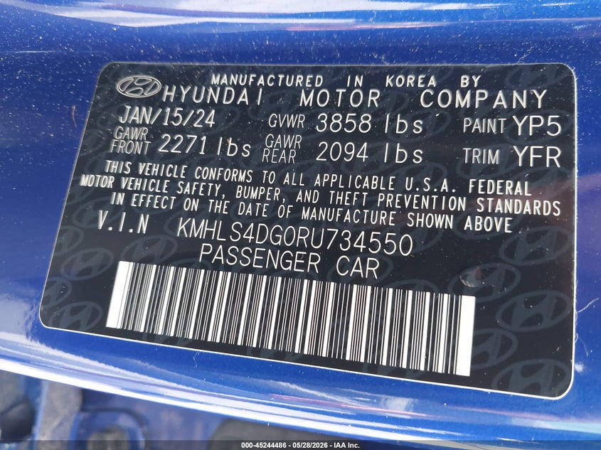 2024 Hyundai Elantra VIN KMHLS4DG0RU734550 IAAI salvage auction — ROLLOVER, Salvage Title, sold $2,350 on 2026-07-13 (photo 9)