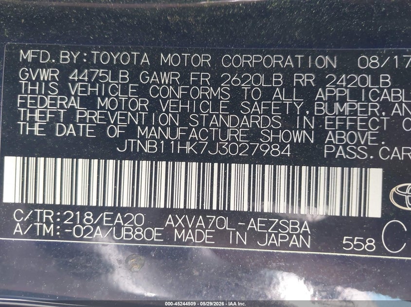 2018 Toyota Camry VIN JTNB11HK7J3027984 IAAI salvage auction — LEFT REAR, Salvage Title, sold $5,400 on 2026-07-06 (photo 9)