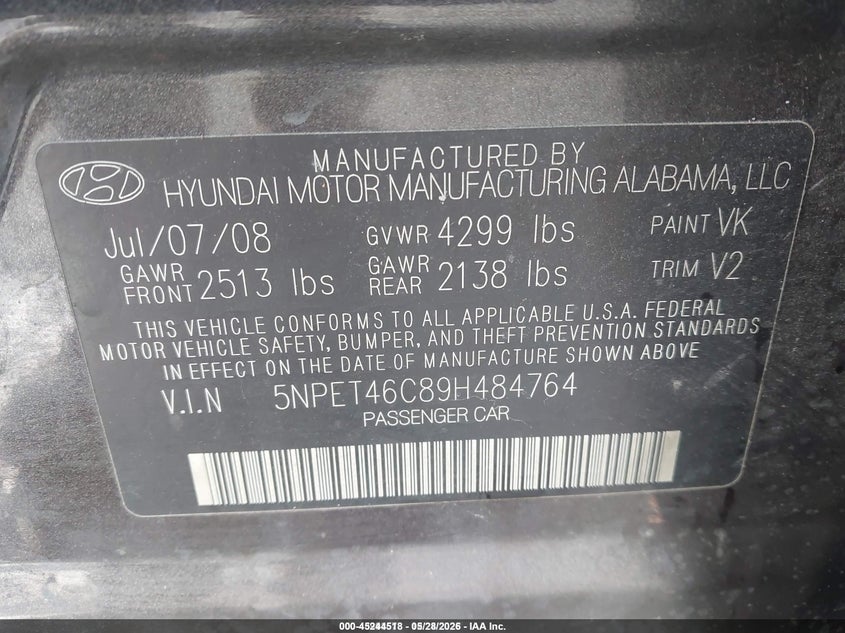 2009 Hyundai Sonata VIN 5NPET46C89H484764 IAAI salvage auction — FRONT END, Salvage (Idaho), sold $175 on 2026-07-14 (photo 9)
