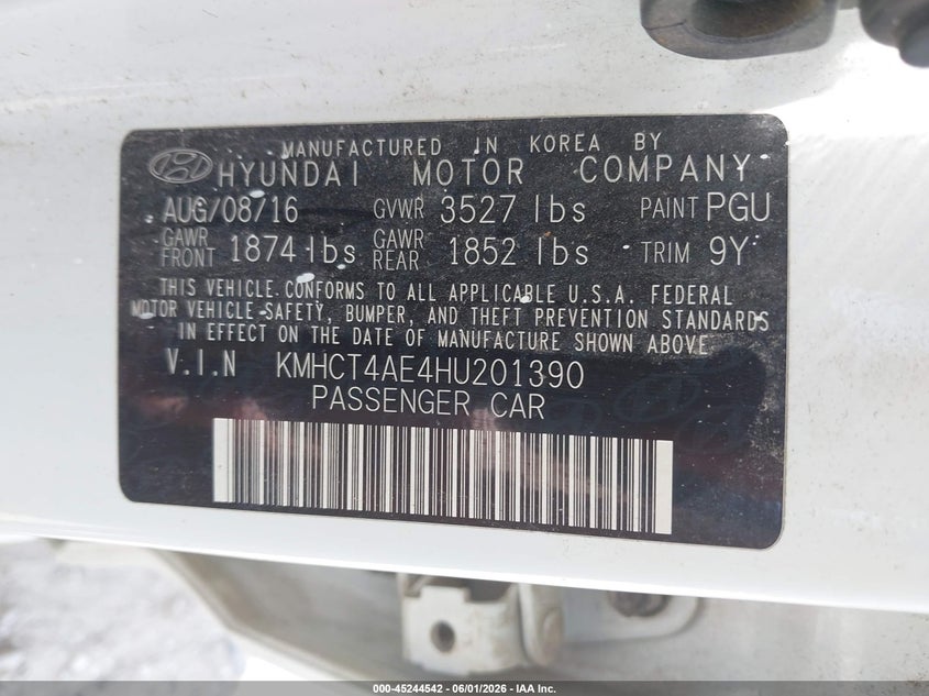 2017 Hyundai Accent VIN KMHCT4AE4HU201390 IAAI salvage auction — HAIL, Salvage Title, sold $1,150 on 2026-07-13 (photo 9)
