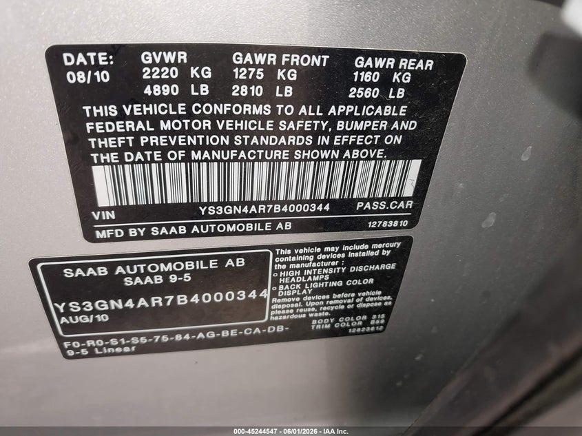 2011 Saab 9-5 VIN YS3GN4AR7B4000344 IAAI salvage auction — EXTERIOR BURN, Clear (Wisconsin), sold $750 on 2026-07-22 (photo 9)