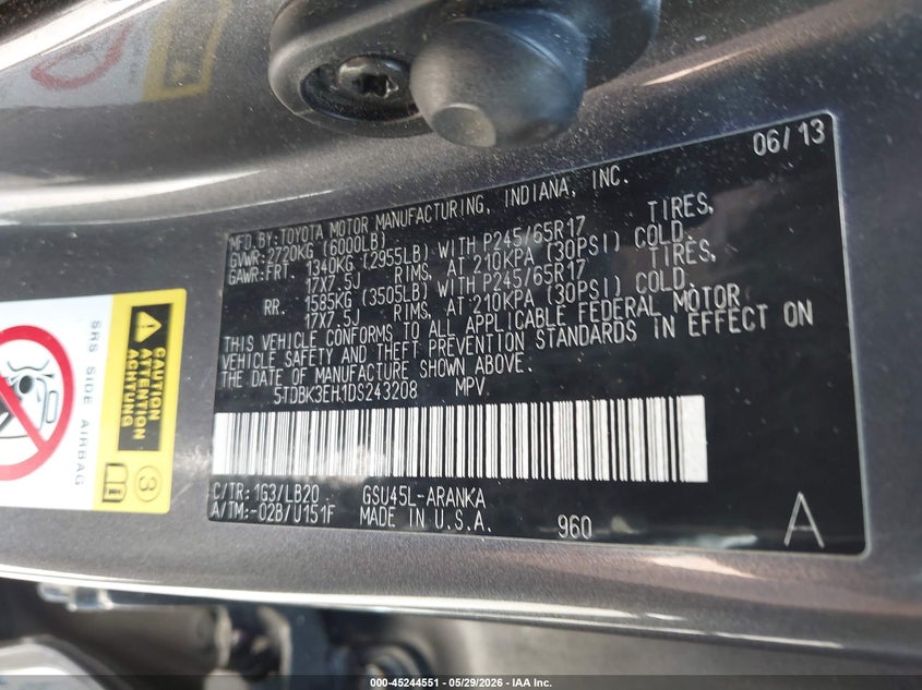 2013 Toyota Highlander VIN 5TDBK3EH1DS243208 IAAI salvage auction — FRONT & REAR, Salvage (New Jersey), sold $975 on 2026-07-06 (photo 9)