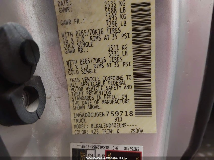 2014 Nissan Navara (frontier) VIN 1N6AD0CU6EN759718 IAAI salvage auction — FRONT END, Salvage (Nebraska), sold $2,500 on 2026-07-09 (photo 9)