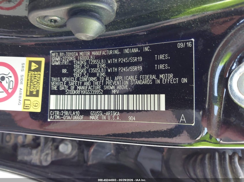 2016 Toyota Highlander VIN 5TDDKRFHXGS339952 IAAI salvage auction — FRONT END, Salvage (Minnesota), sold $4,400 on 2026-07-20 (photo 9)