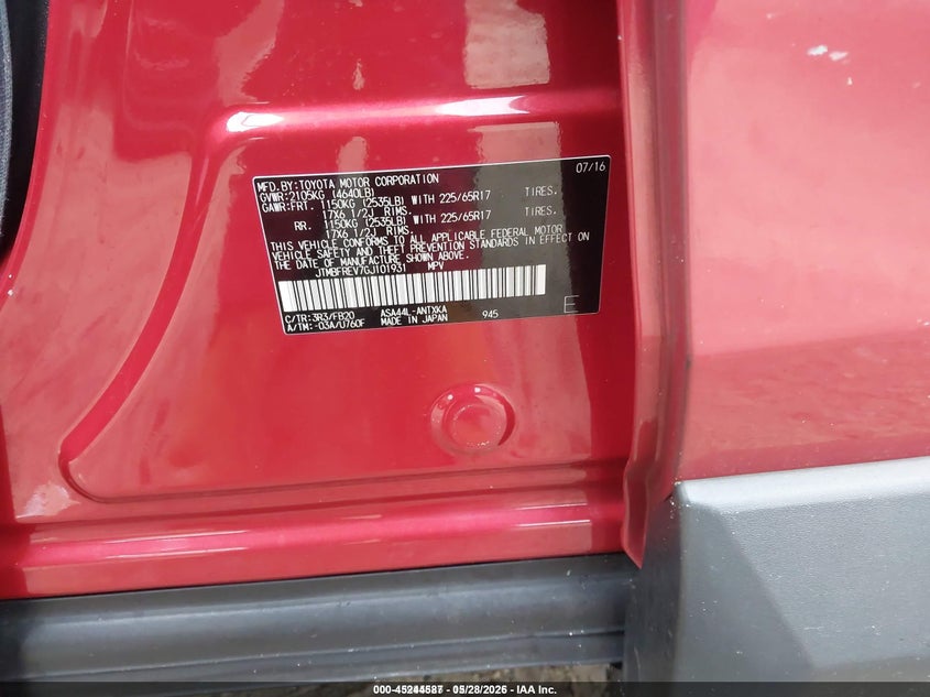 2016 Toyota Rav 4 VIN JTMBFREV7GJ101931 IAAI salvage auction — ENGINE BURN, Salvage Title, sold $75 on 2026-07-21 (photo 9)