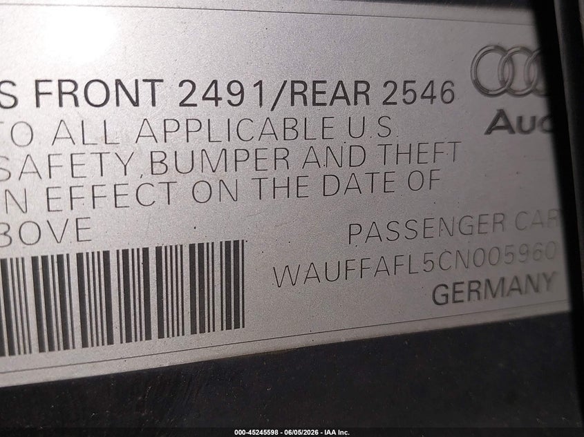 2012 Audi A4 VIN WAUFFAFL5CN005960 IAAI salvage auction — LEFT FRONT, Salvage Title, sold $875 on 2026-07-08 (photo 9)