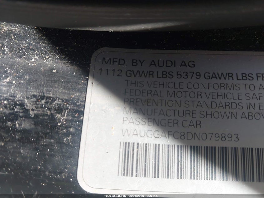 2013 Audi A6 VIN WAUGGAFC8DN079893 IAAI salvage auction — LEFT REAR, Salvage (Ohio), sold $525 on 2026-07-14 (photo 9)