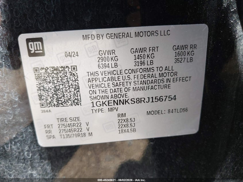 2024 Gmc Acadia VIN 1GKENNKS8RJ156754 IAAI salvage auction — FRONT END, Salvage (Ohio), sold $9,800 on 2026-07-23 (photo 9)