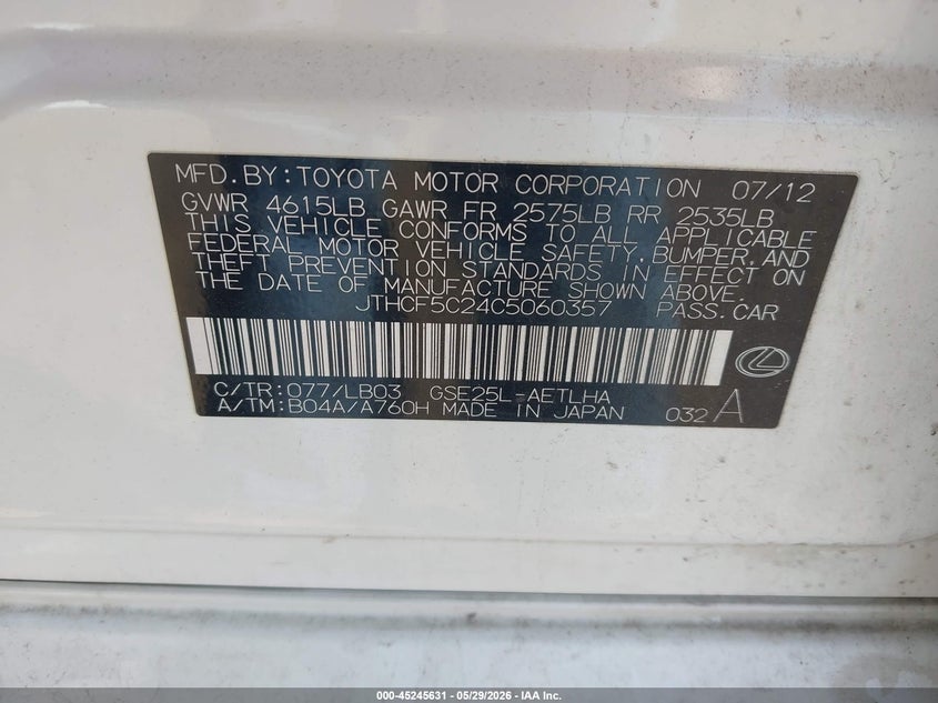 2012 Lexus Is VIN JTHCF5C24C5060357 IAAI salvage auction — FRONT END, Salvage Title, sold $1,100 on 2026-07-20 (photo 9)