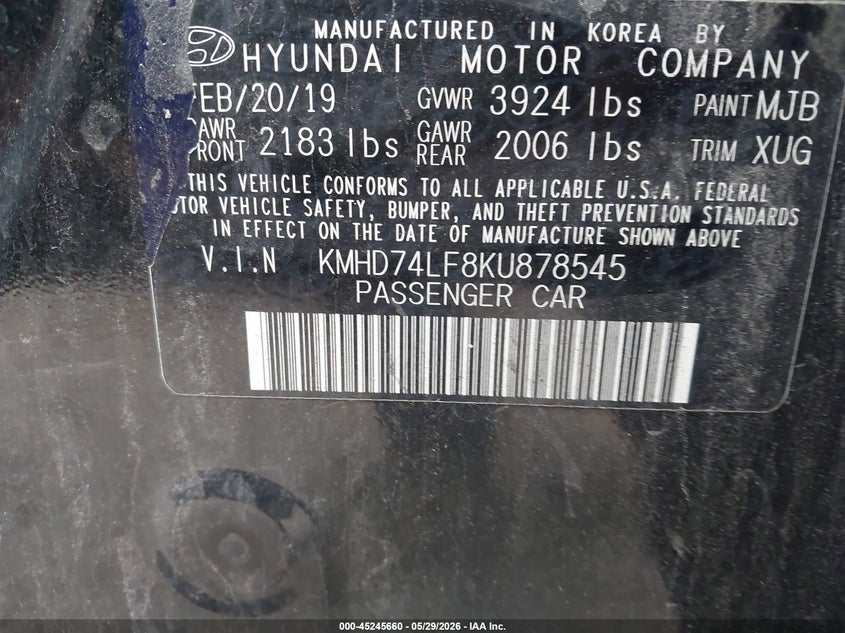 2019 Hyundai Elantra VIN KMHD74LF8KU878545 IAAI salvage auction — REAR END, Salvage (Massachusetts), sold $1,850 on 2026-07-31 (photo 9)