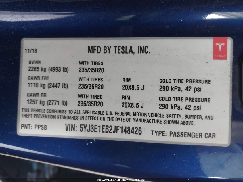 2018 Tesla Model 3 VIN 5YJ3E1EB2JF148426 IAAI salvage auction — UNDERCARRIAGE, Rebuildable (Florida), sold $2,200 on 2026-07-30 (photo 9)