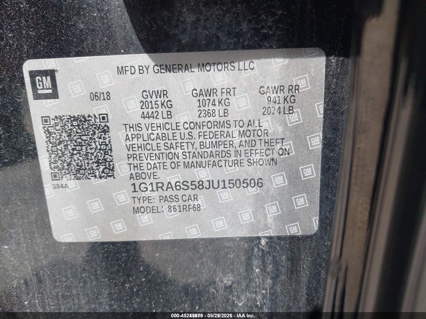 2018 Chevrolet Volt VIN 1G1RA6S58JU150506 IAAI salvage auction — NORMAL WEAR, Sf97 (Florida), sold $8,525 on 2026-07-16 (photo 9)