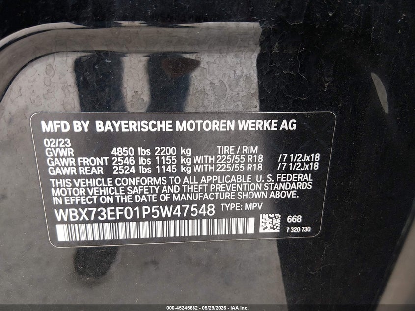 2023 BMW X1 VIN WBX73EF01P5W47548 IAAI salvage auction — FRONT END, Salvage (Massachusetts), sold $8,800 on 2026-08-04 (photo 9)