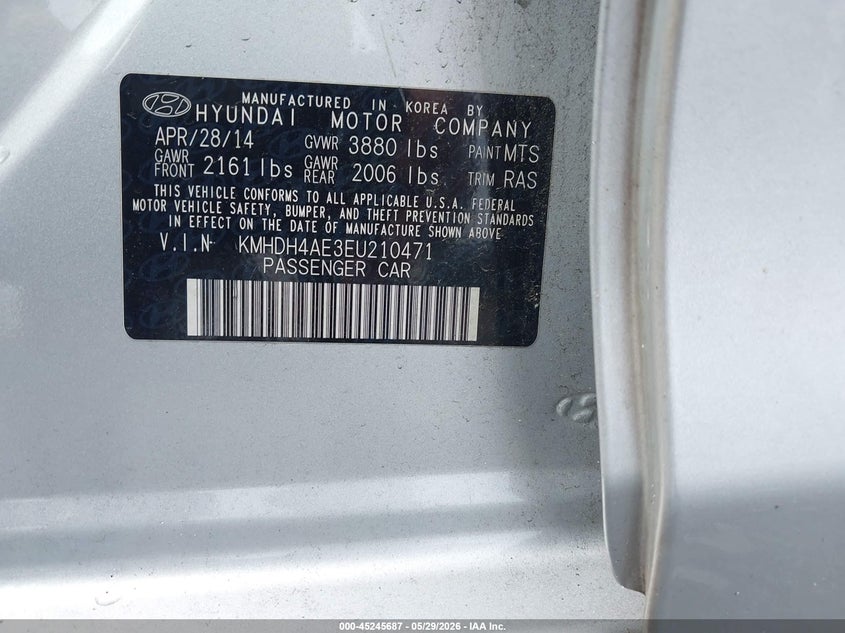 2014 Hyundai Elantra VIN KMHDH4AE3EU210471 IAAI salvage auction — FRONT END, Salvage Title, sold $800 on 2026-07-22 (photo 9)