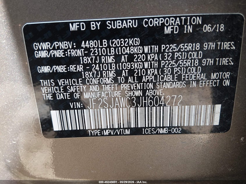 2018 Subaru Forester VIN JF2SJAWC3JH604272 IAAI salvage auction — FRONT END, Salvage Title, sold $2,300 on 2026-07-14 (photo 9)
