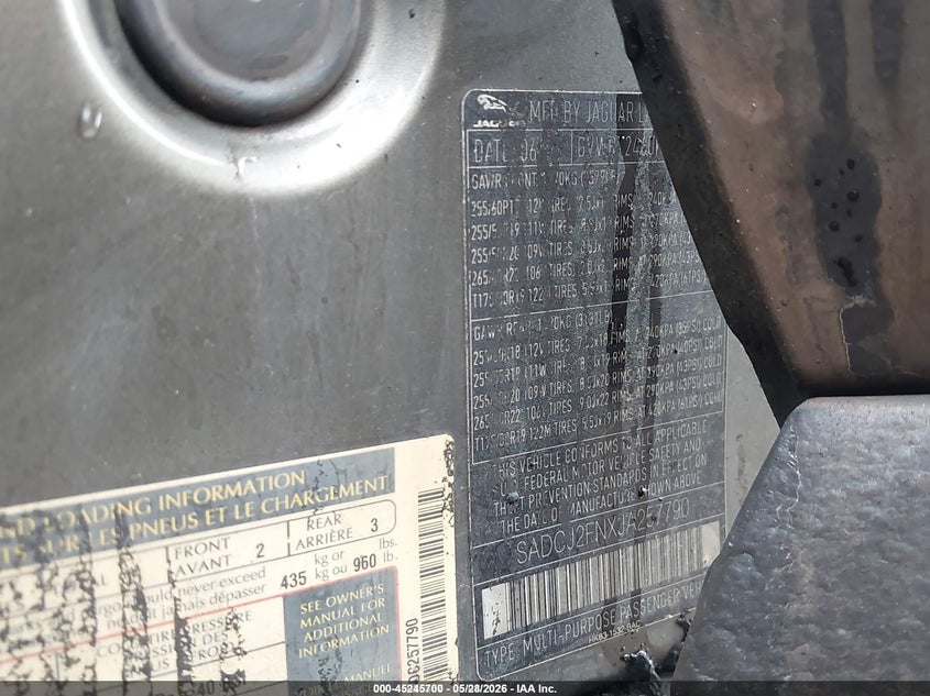 2018 Jaguar F-pace VIN SADCJ2FNXJA257790 IAAI salvage auction — EXTERIOR BURN, Bill Of Sale (Indiana), sold $1,950 on 2026-07-15 (photo 9)