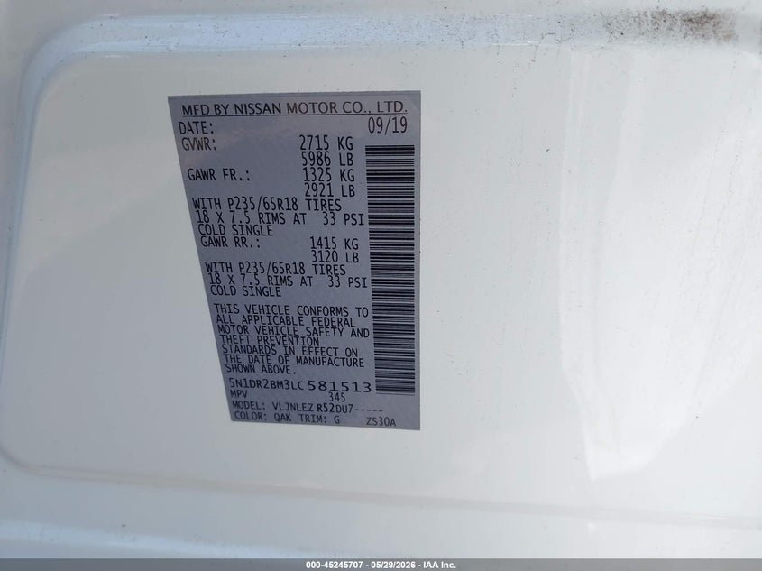 2020 Nissan Pathfinder VIN 5N1DR2BM3LC581513 IAAI salvage auction — FRONT & REAR, Salvage (New Jersey), sold $3,200 on 2026-08-03 (photo 9)