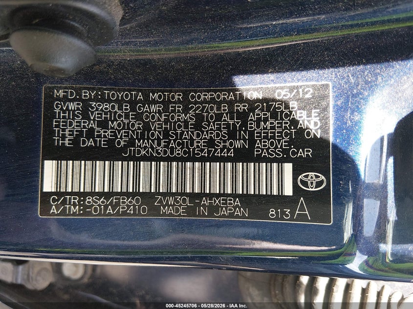 2012 Toyota Prius VIN JTDKN3DU8C1547444 IAAI salvage auction — FRONT END, Salvage Title, sold $1,250 on 2026-07-06 (photo 9)