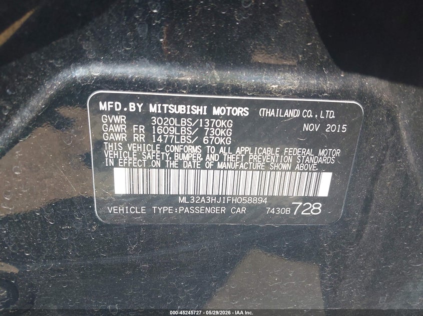 2015 Mitsubishi Mirage VIN ML32A3HJ1FH058894 IAAI salvage auction — RIGHT FRONT, Salvage Title, sold $350 on 2026-07-21 (photo 9)