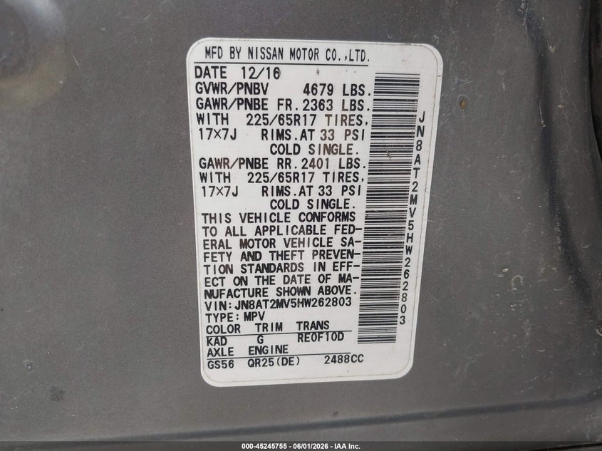 2017 Nissan Rogue VIN JN8AT2MV5HW262803 IAAI salvage auction — HAIL, Salvage Title, sold $1,000 on 2026-07-29 (photo 9)