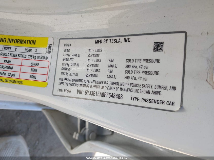2023 Tesla Model 3 VIN 5YJ3E1EA8PF548488 IAAI salvage auction — RIGHT SIDE, Salvage Title, sold $7,200 on 2026-07-23 (photo 9)