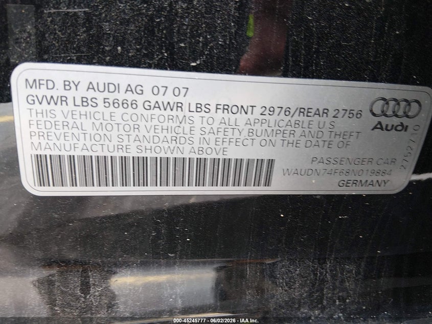 2008 Audi S6 VIN WAUDN74F68N019884 IAAI salvage auction — FRONT END, Salvage (South Carolina), sold $350 on 2026-07-29 (photo 9)