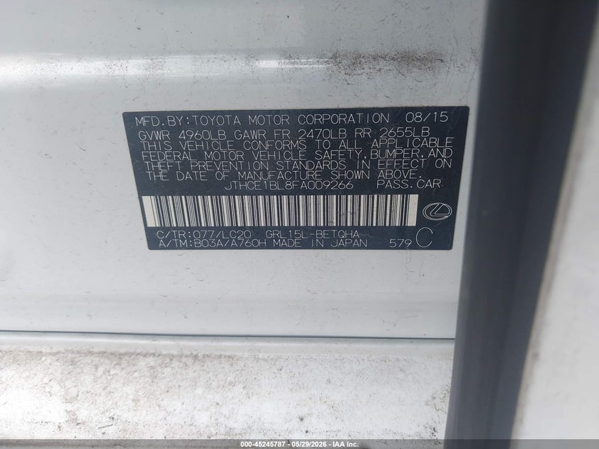 2015 Lexus Gs VIN JTHCE1BL8FA009266 IAAI salvage auction — RIGHT FRONT, Salvage (Illinois), sold $7,800 on 2026-08-11 (photo 9)