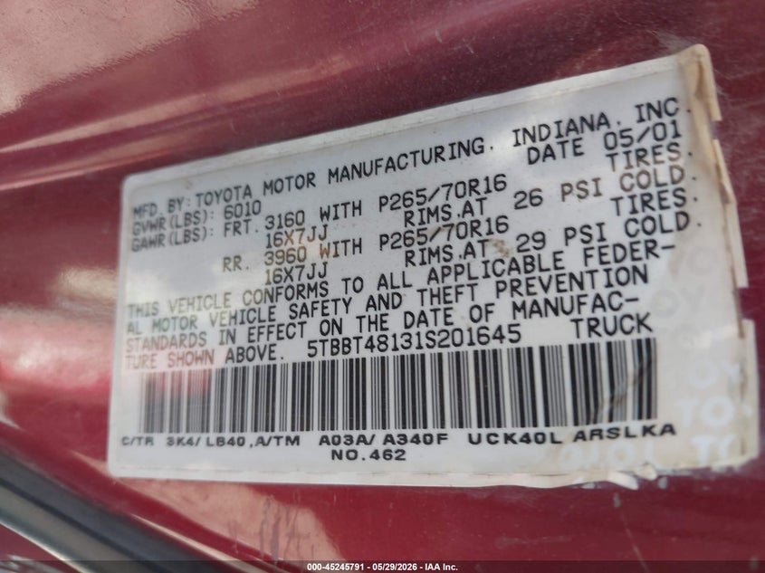 2001 Toyota Tundra VIN 5TBBT48131S201645 IAAI salvage auction — LEFT SIDE, Clear (Virginia), sold $500 on 2026-07-20 (photo 9)
