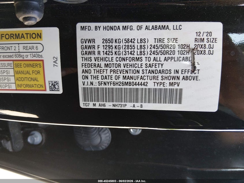 2021 Honda Pilot VIN 5FNYF6H26MB044442 IAAI salvage auction — LEFT SIDE, Salvage Title, sold $8,500 on 2026-07-29 (photo 9)