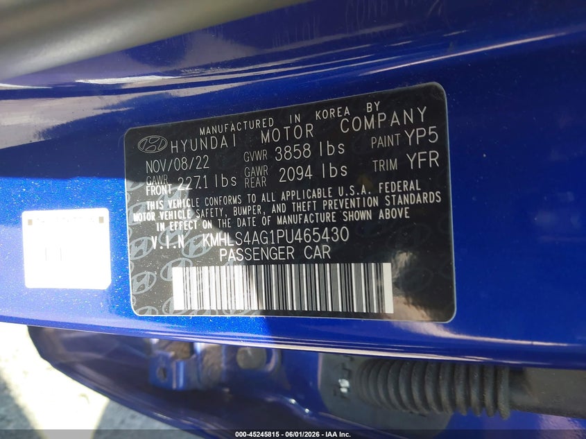 2023 Hyundai Elantra VIN KMHLS4AG1PU465430 IAAI salvage auction — FRONT END, Salvage Title, sold $2,550 on 2026-07-27 (photo 9)