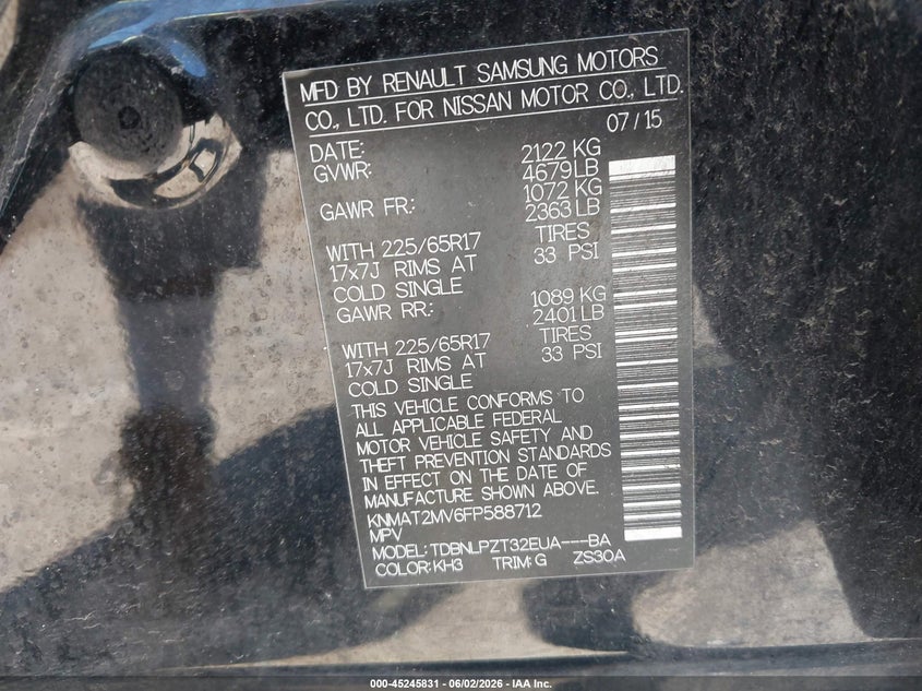 2015 Nissan Rogue VIN KNMAT2MV6FP588712 IAAI salvage auction — REAR END, Salvage Title, sold $1,775 on 2026-07-07 (photo 9)