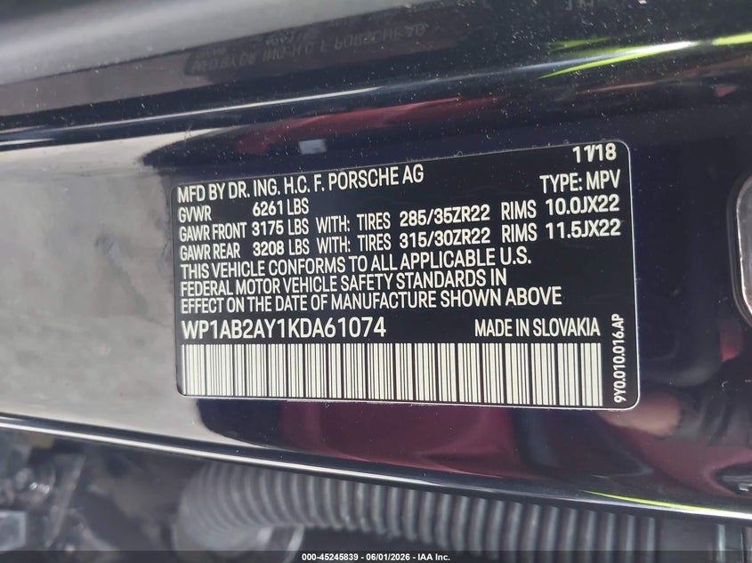 2019 Porsche Cayenne VIN WP1AB2AY1KDA61074 IAAI salvage auction — UNDERCARRIAGE, Salvage Title, sold $22,000 on 2026-08-06 (photo 9)