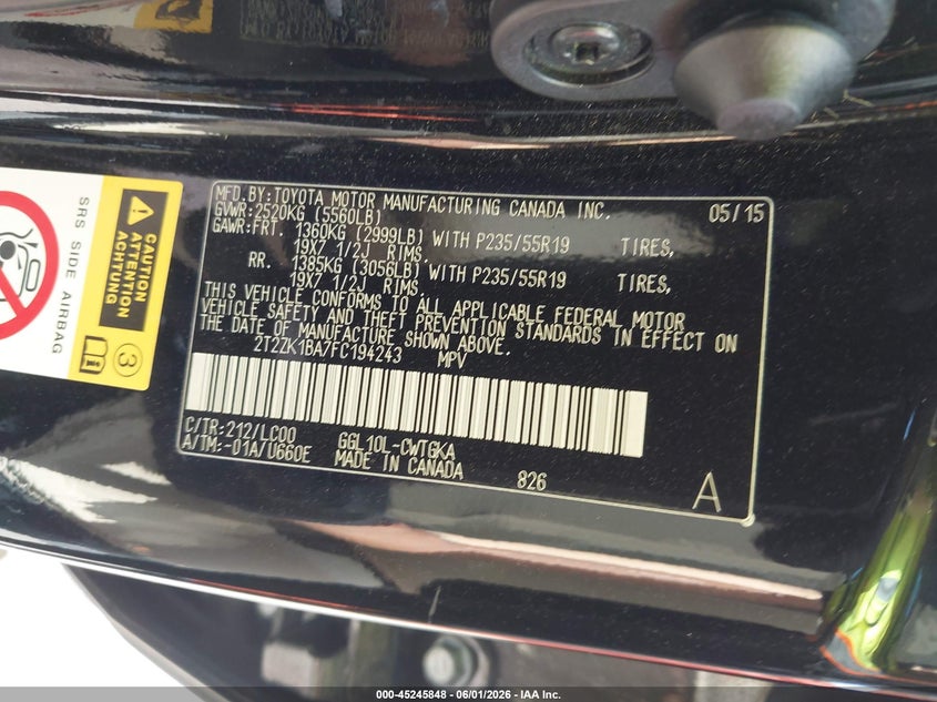 2015 Lexus Rx VIN 2T2ZK1BA7FC194243 IAAI salvage auction — FRONT END, Salvage Title, sold $5,100 on 2026-07-11 (photo 9)