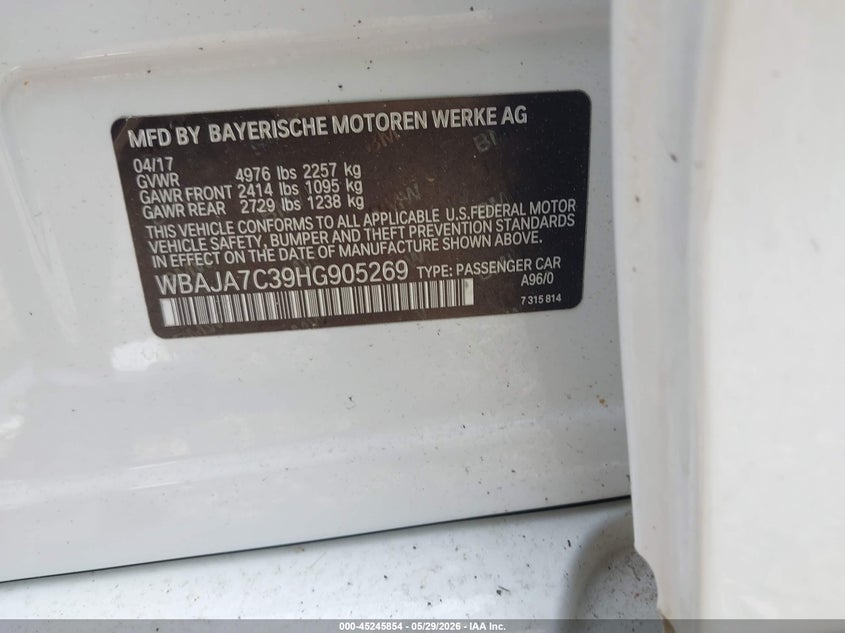 2017 BMW 5er VIN WBAJA7C39HG905269 IAAI salvage auction — FRONT END, Salvage Title, sold $4,450 on 2026-07-07 (photo 9)