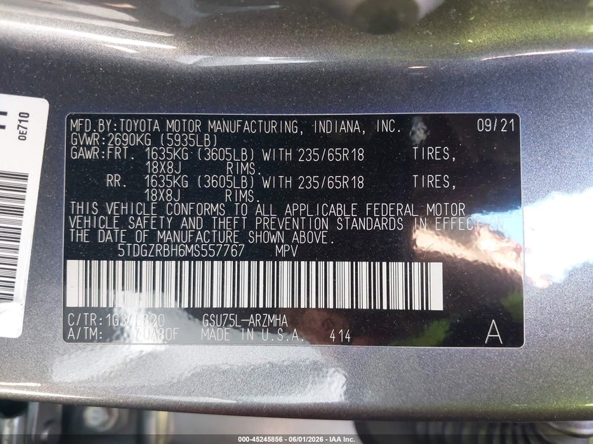 2021 Toyota Highlander VIN 5TDGZRBH6MS557767 IAAI salvage auction — FRONT END, Salvage Title, sold $10,100 on 2026-07-14 (photo 9)