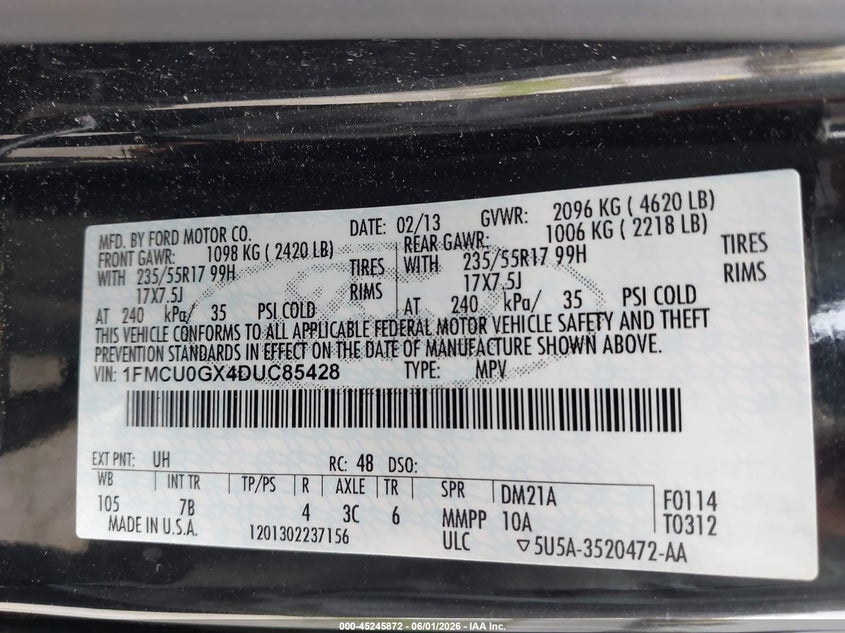 2013 Ford Escape VIN 1FMCU0GX4DUC85428 IAAI salvage auction — RIGHT FRONT, Salvage Title, sold $325 on 2026-07-09 (photo 9)