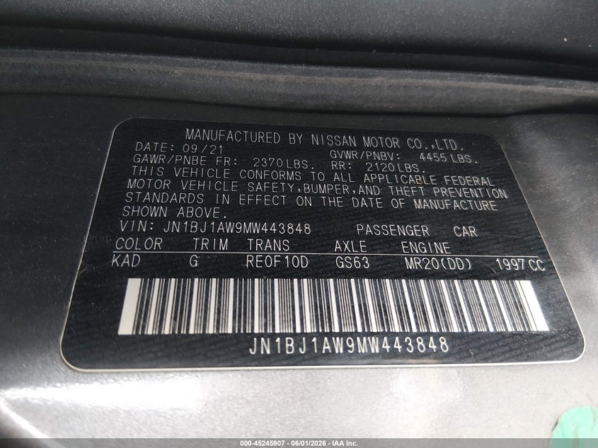 2021 Nissan Rogue VIN JN1BJ1AW9MW443848 IAAI salvage auction — FRONT END, Salvage Title, sold $2,100 on 2026-07-20 (photo 9)
