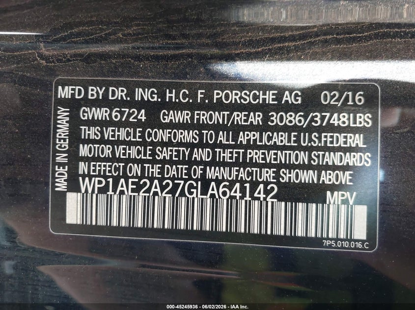 2016 Porsche Cayenne VIN WP1AE2A27GLA64142 IAAI salvage auction — LEFT FRONT, Original (Texas), sold $4,200 on 2026-08-18 (photo 9)