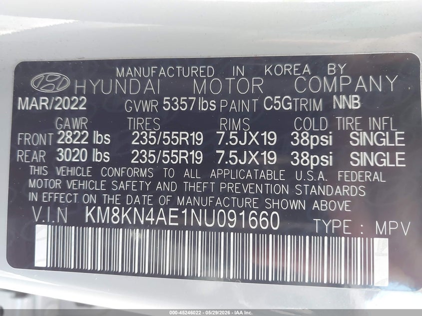 2022 Hyundai Ioniq 5 VIN KM8KN4AE1NU091660 IAAI salvage auction — LEFT FRONT, Salvage Title, sold $8,600 on 2026-07-23 (photo 9)