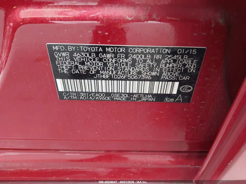 2015 Lexus Is VIN JTHBF1D26F5067396 IAAI salvage auction — FRONT END, Salvage Title, sold $1,750 on 2026-07-08 (photo 9)