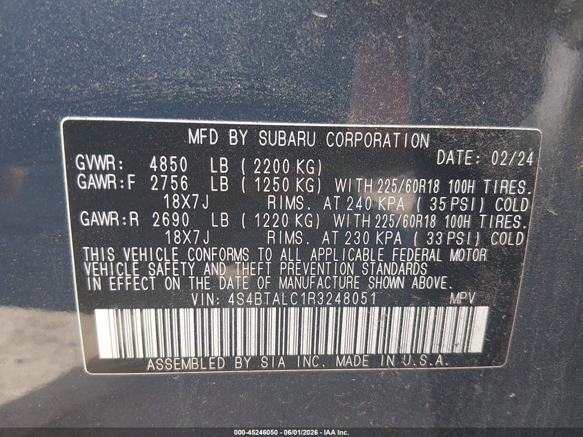 2024 Subaru Outback VIN 4S4BTALC1R3248051 IAAI salvage auction — FRONT END, Salvage Title, sold $7,500 on 2026-08-20 (photo 9)