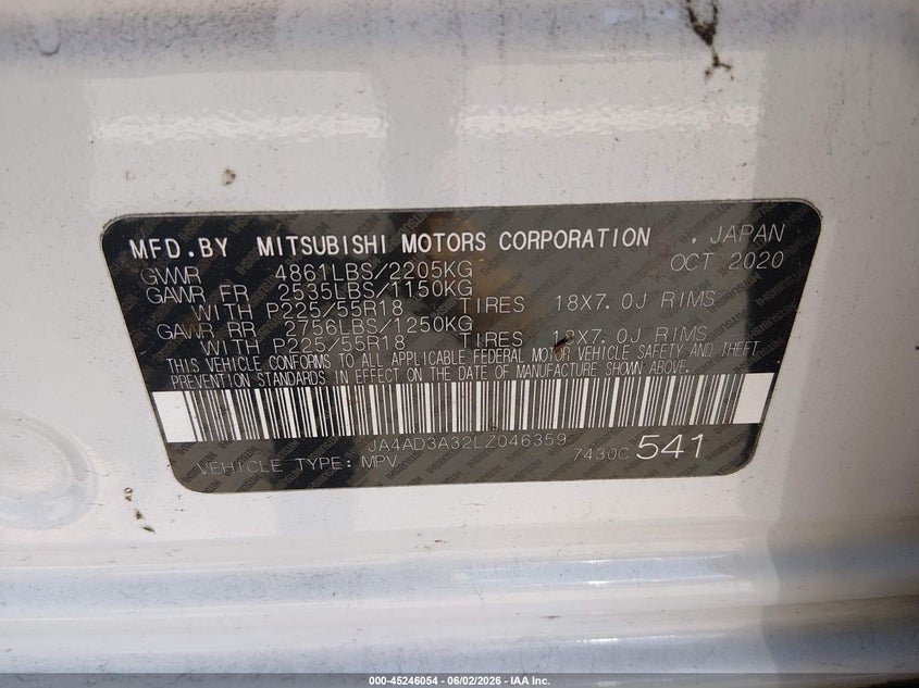 2020 Mitsubishi Outlander VIN JA4AD3A32LZ046359 IAAI salvage auction — RIGHT SIDE, Salvage Title, sold $25 on 2026-07-29 (photo 9)