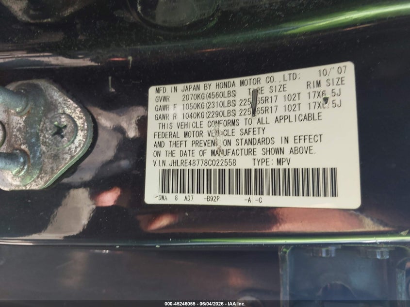 2008 Honda Cr-v VIN JHLRE48778C022558 IAAI salvage auction — FRONT END, Clear (Massachusetts), sold $1,250 on 2026-07-17 (photo 9)