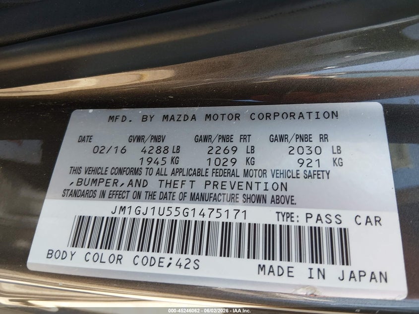 2016 Mazda 6 VIN JM1GJ1U55G1475171 IAAI salvage auction — RIGHT SIDE, Salvage Title, sold $2,000 on 2026-08-20 (photo 9)